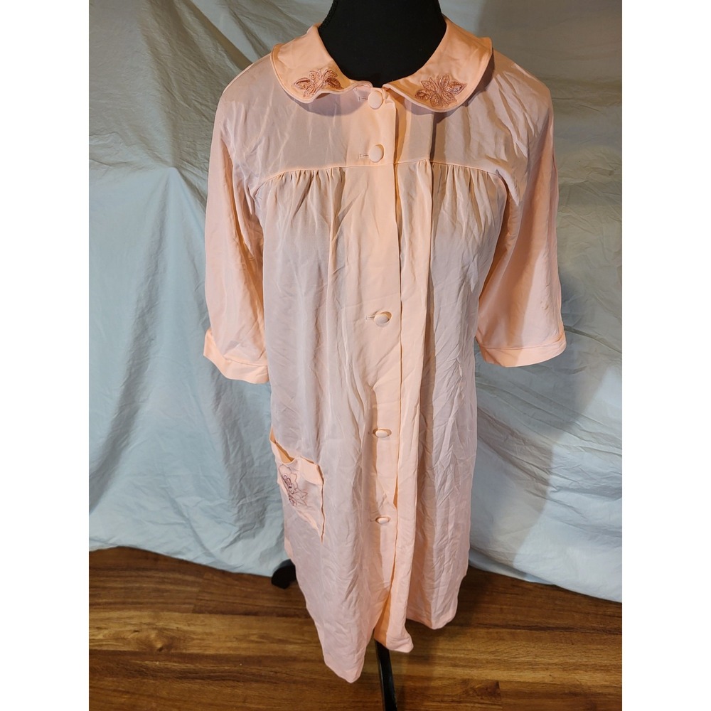 Vtge Lorraine Neon Orange Button Up Collared‎ Night Gown Robe Nylon Size M
